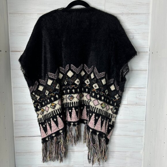Desheng Black Patterned Multicolor Fair Isle Cardigan/Poncho/Wrap - Size - OS - Picture 2 of 9